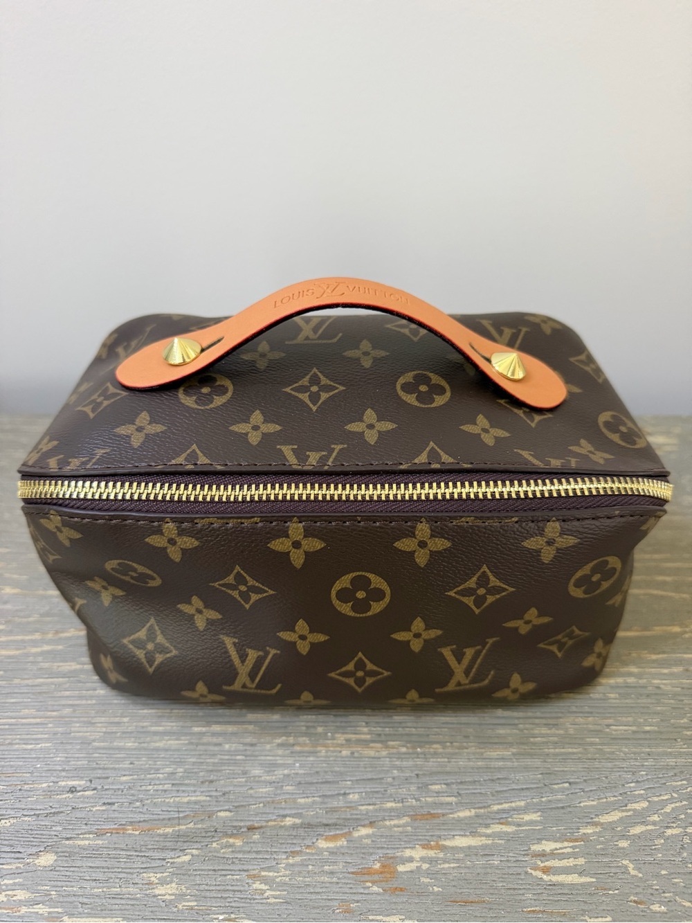Source Unknown Brown Monogram Toiletry Bag with leather Handle